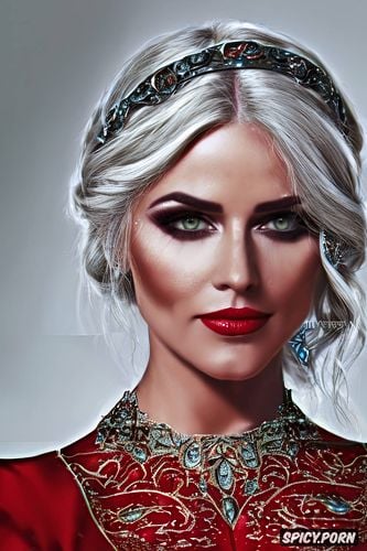 high resolution, ultra detailed, ciri the witcher beautiful face young tight low cut red lace wedding gown tiara