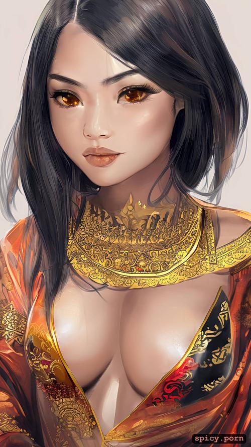 small boobs perky nipples, royal thai painting, watercolor golden hues
