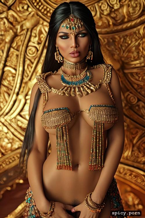 full nude, black hair, hourglass structure, private parts covered with gold jewellery