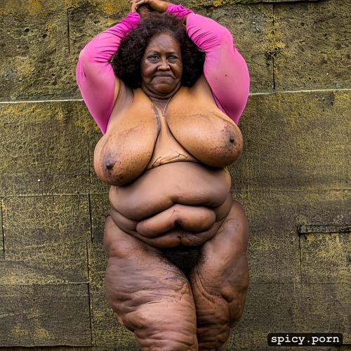 full body, photo, obese, color, ebony, female, 80 yo, wrinkles