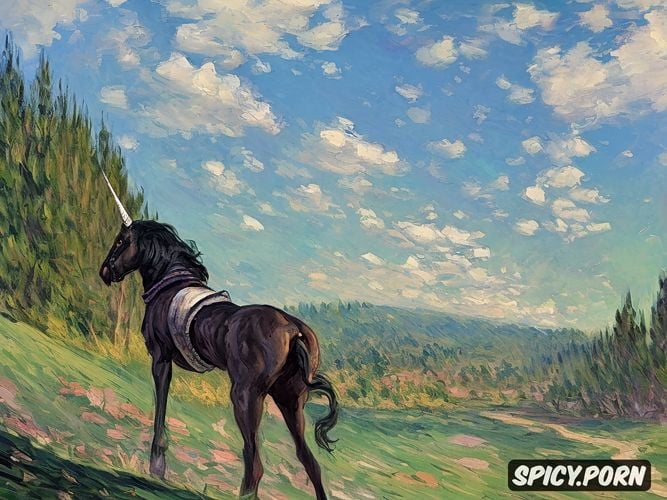 masterpiece, ponytail, background giant mountain, athletic, claude monet painting