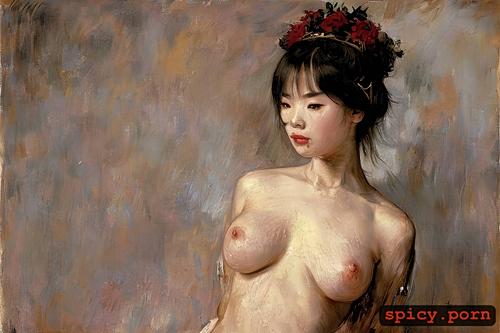 vietnamese girl, vasily surikov, glistening skin, perky nipples