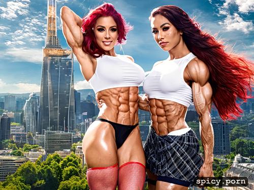 female bodybuilders, extremely lean, cute smile sweat european faces licking lollypop angel wings city background