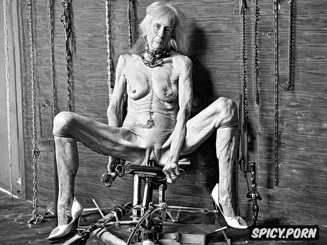 ultra skinny, sitting on bicyckle, chains in breasts, nipples pierced