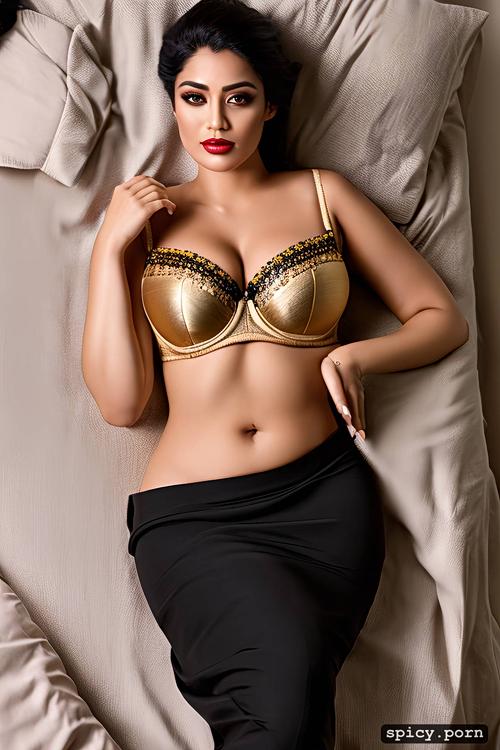 big boobs, black hair, chubby body, half saree, laying on bed