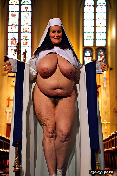 white nun 65 years old hairy, ultrarealistic, spread legs, in church