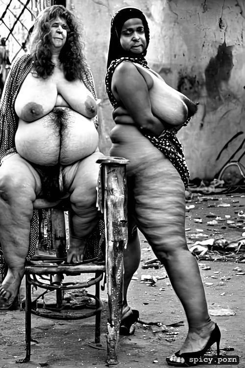 in busy filthy slum, massive belly, naked arabic obese matures