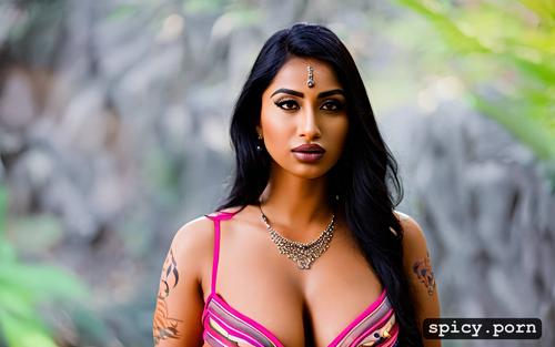 portrait, pretty face, tattoos, indian female, black hair, pastel colors