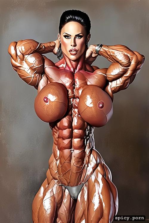 front view, muscle, bodybuilder, white female, huge legs, steroids
