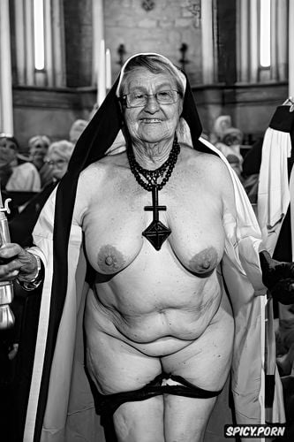 very old grandmother in full church, wrinkly saggy skin, cross necklace