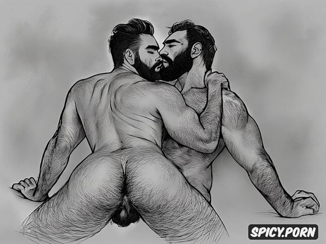 full shot, back view, rough artistic nude sketch of two bearded hairy men having gay anal sex