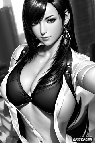 masterpiece, k shot on canon dslr, tifa lockhart final fantasy vii remake black blazer white shirt shirt unbuttoned beautiful face