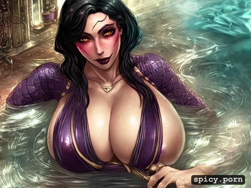 cosplay, black lady, bathing, massive breasts, perfect face
