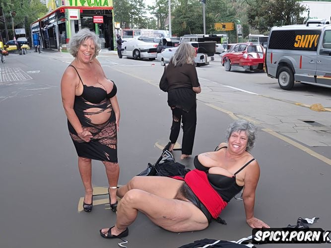 extremely fat old woman, dirty, begging in a street full of shops