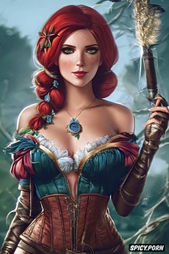 ultra detailed, k shot on canon dslr, triss merigold the witcher beautiful face tight outfit masterpiece