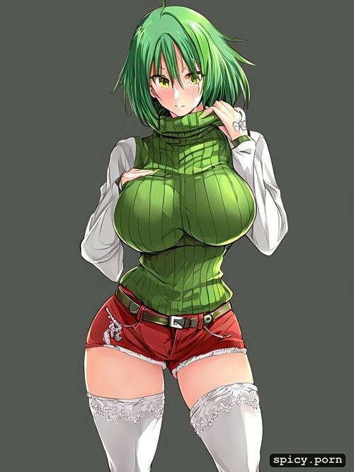 18yo, boots, anime woman, stockings, short light green hair