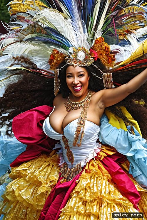 color portrait, beautiful smiling face, long wavy hair, 70 yo beautiful white caribbean carnival dancer