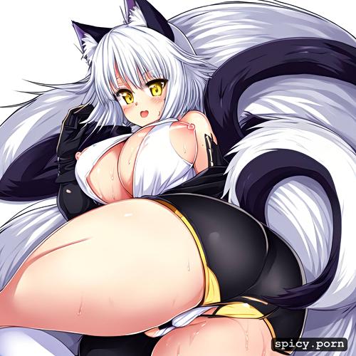 white fox ears, yellow eyes, big ass, ripped suit, small, white fox tail
