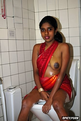 iphone shot, sitting on toilet, oiled bony body, natural tits