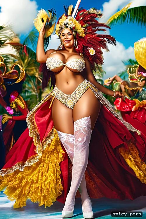 giant hanging tits, high heels, long hair, color portrait, 38 yo beautiful white caribbean carnival dancer