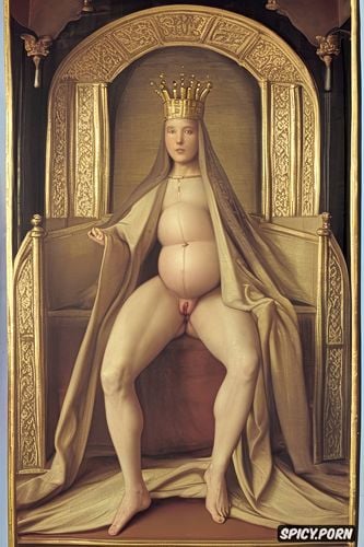 holding a small ball, altarpiece, pregnant, halo, classic, spreading legs shows pussy