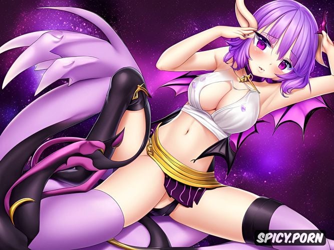 short horns, black demonic tail, natural boobs, purple hair