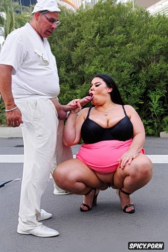 people walking by on the sidewalk, obese, cleavage, ssbbw, upskirt detailed pussy