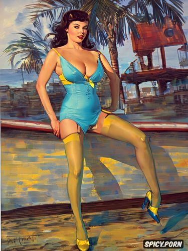 daguerreian, pin up woman in yellow sexy short dress, gesture painting