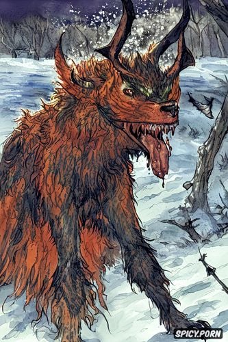 devil bat wings, snow forest, stands on its hind legs with its front legs in the air