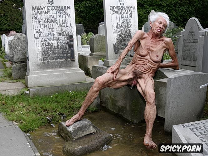 sitting on gravestone, zombie, empty tits, skeletal, showing very hairy armpits