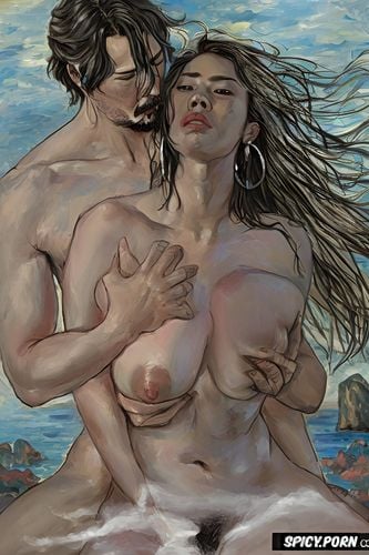 man keanu reeves grabs woman s neck, spreading legs, belly, impressionism monet