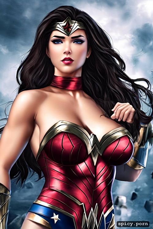 angry look, tattered skin tight wonder woman outfit, comicbook cover