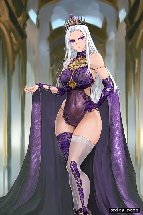 chastity belt, white hair, 91tdnepcwrer, 3dt, purple eyes, tiara