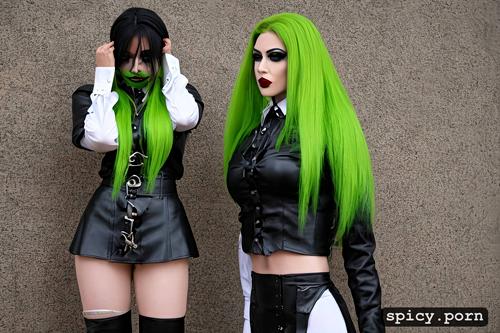 black lipstick, uniform, realistic, green dyed hair, shirt and tie