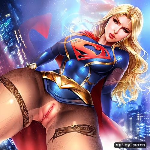 20 yo blonde supergirl super outfit, skin tight fitting and sheer supergirl costume