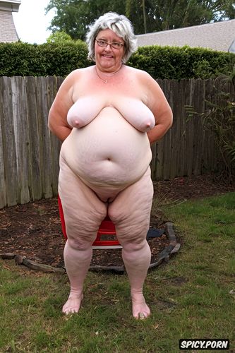topless, showing her futanari big dick, front view, an old fat woman naked with obese ssbbw belly