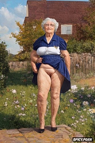 the very old fat grandmother skirt has nude pussy under her skirt