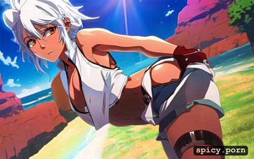 oiled body, short shorts, party, precise lineart, white hair