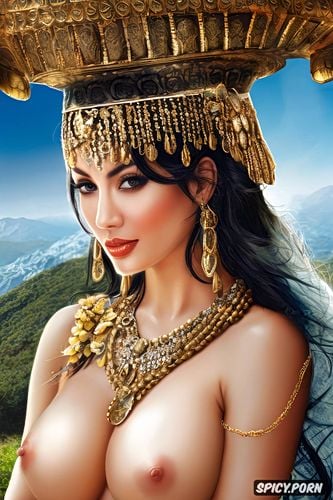 high resolution, sacred jewelry, natural breasts, in a greek temple