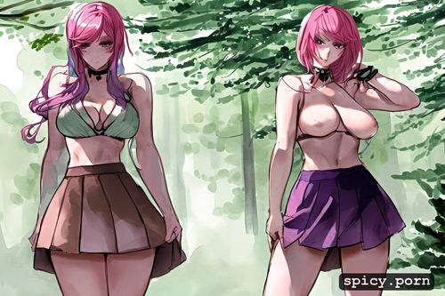 forest, pink hair, short, 20 yo, medium breasts, mini skirt