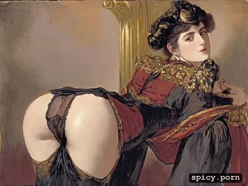 painting by édouard henri avril, lifting skirt above ass and spreading her ass cheecks with both hands