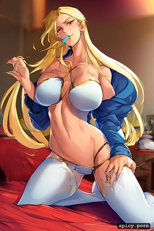 on bed in bedroom, female, blonde hair, finger in mouth, anime woman
