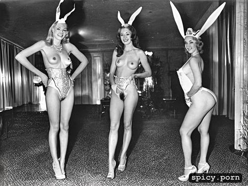 swaying breasts, walking, nude teen caucasian women contestants posing naked at the original playboy mansion in chicago competing for the 1956 miss america crown
