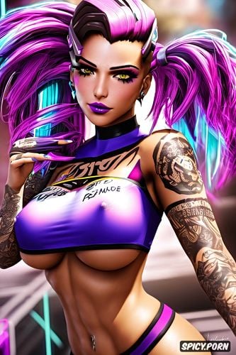 sombra overwatch beautiful face young full body shot, tattoos small perky tits naughty cheerleader costume masterpiece