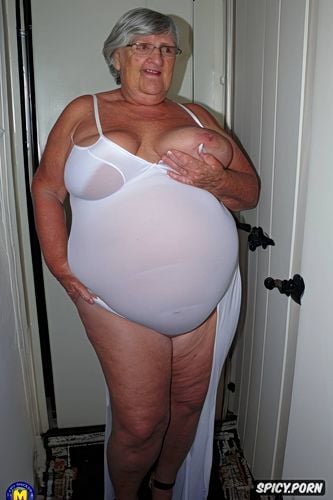 obscured, standing on toilet, old fat czech granny wearing a white transparent tight white nightgown lifts the nightgown to show her pussy and breasts flabby loose obese saggy belly bbw belly big breasts that stick out big saggy breasts view from front