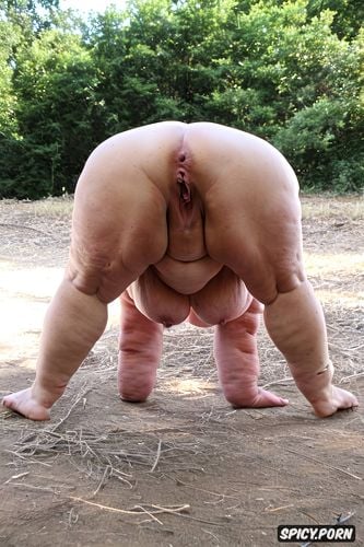 naked fat old woman on all fours, obese, big hanging breasts