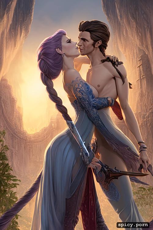 elsa, small breast, style of luis royo, a cup, rapunzel, four people