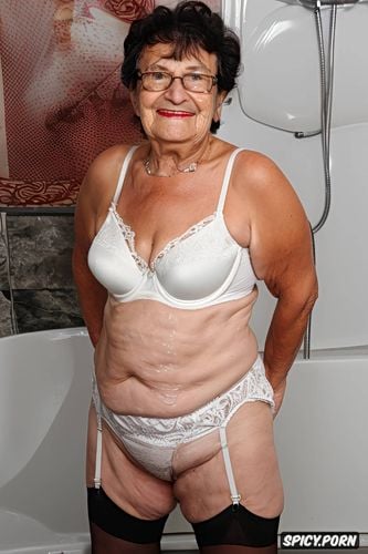 ninety year old granny, suspenders and beige stockings, very realistic k photo