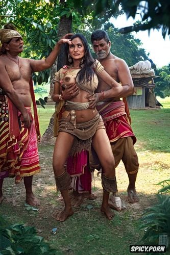 realistic hasselblad photo, a small cornered prowled all natural indian villager beauty forcefully grabbed unveiled opening her vagina by several panchayat men all exploiting her innocence