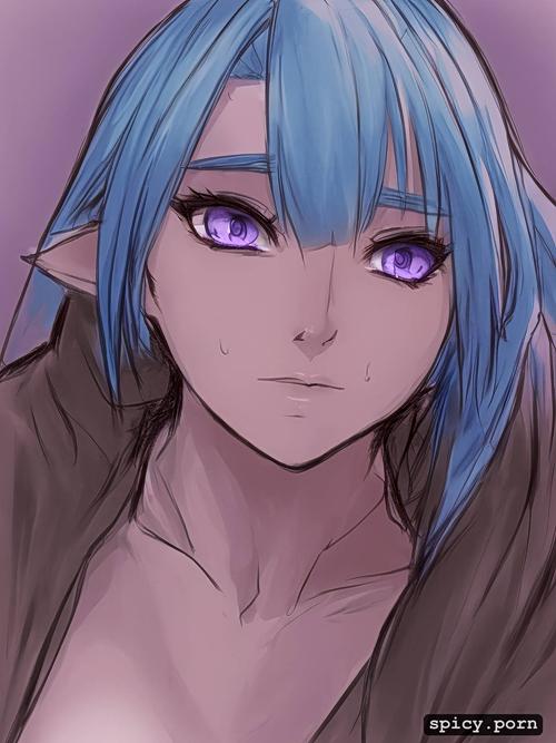 purple eyes, full body, highres, hy1ac9ok2rqr, blue hair, elf